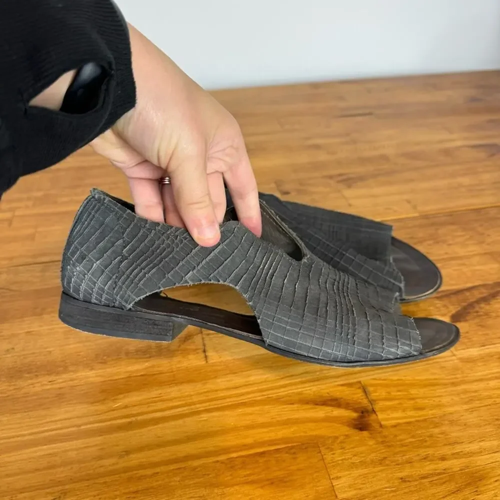 Free People Open Toe Cut Out Gray Textured Leather Flats Size 38
